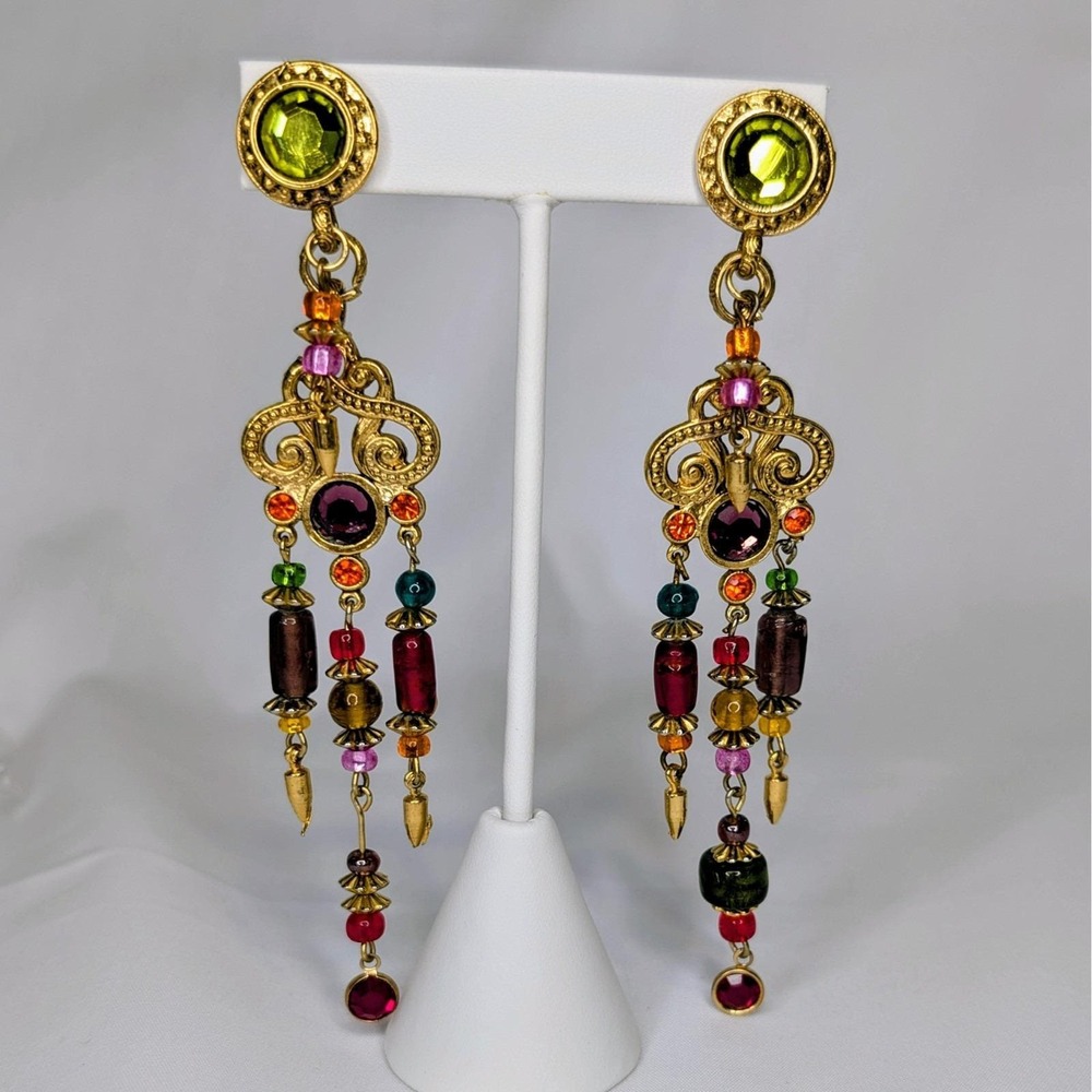 Vintage Signed Robert Rose Artisan Art Glass Bohemian Boho Dangle Earrings 4.25"
